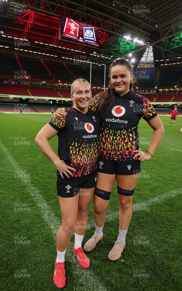 100426 - Wales Women Rugby Captain’s Run - New caps Seren Singleton and Jorja Aiono during Captain’s Run at the Principality Stadium ahead of the opening Women’s 6 Nations match against Scotland