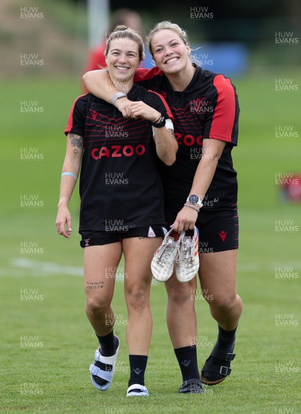 130922 - Wales Women Captains Run - Keira Bevan of Wales and Kelsey Jones of Wales during the Captains Run ahead of Wales Women’s World Cup warm up match against England