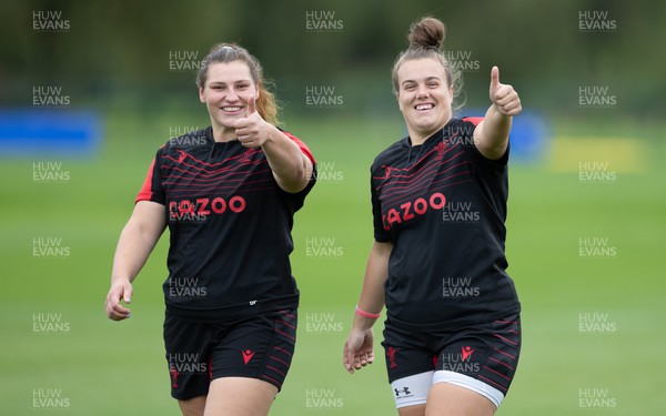 130922 - Wales Women Captains Run - Gwenllian Pyrs of Wales and Carys Phillips of Wales during the Captains Run ahead of Wales Women’s World Cup warm up match against England
