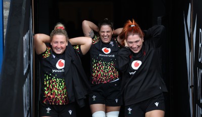 170426 - Wales Women Captain’s Run - Molly Reardon, Natalia John and Georgia Evans during Captain’s Run ahead of the Women’s 6 Nations match against France