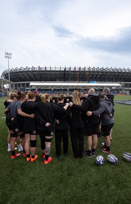 210325  Wales Women Rugby Captain’s Run - The Wales Women’s Squad huddle up during Captain’s Run at The Hive Stadium Edinburgh ahead of the opening match of the Women’s 6 Nations against Scotland