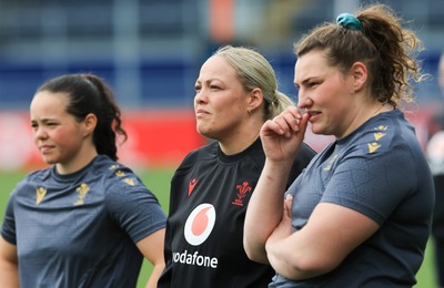 210325  Wales Women Rugby Captain’s Run - Meg Davies, Kelsey Jones and Gwenllian Pyrs during Captain’s Run at The Hive Stadium Edinburgh ahead of the opening match of the Women’s 6 Nations against Scotland