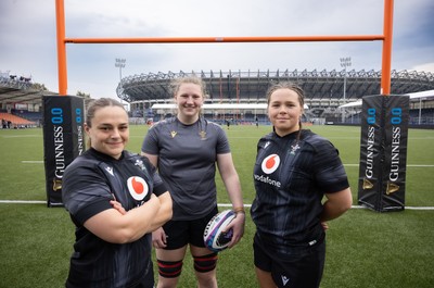 210325  Wales Women Rugby Captain’s Run - Wales’ Jenni Scoble, Alaw Pyrs and Maisie Davies who will make their first starts, during Captain’s Run at The Hive Stadium Edinburgh ahead of the opening match of the Women’s 6 Nations against Scotland