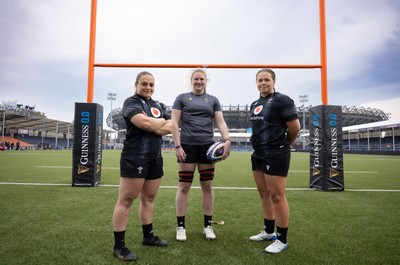 210325  Wales Women Rugby Captain’s Run - Wales’ Jenni Scoble, Alaw Pyrs and Maisie Davies who will make their first starts, during Captain’s Run at The Hive Stadium Edinburgh ahead of the opening match of the Women’s 6 Nations against Scotland