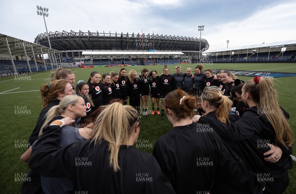 210325  Wales Women Rugby Captain’s Run - The Wales Women’s Squad huddle up during Captain’s Run at The Hive Stadium Edinburgh ahead of the opening match of the Women’s 6 Nations against Scotland