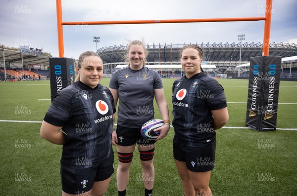 210325  Wales Women Rugby Captain’s Run - Wales’ Jenni Scoble, Alaw Pyrs and Maisie Davies who will make their first starts, during Captain’s Run at The Hive Stadium Edinburgh ahead of the opening match of the Women’s 6 Nations against Scotland