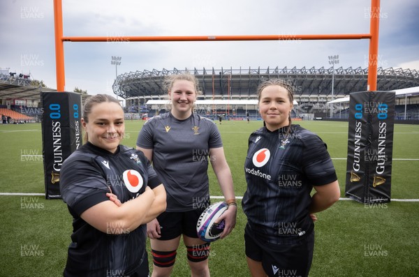 210325  Wales Women Rugby Captain’s Run - Wales’ Jenni Scoble, Alaw Pyrs and Maisie Davies who will make their first starts, during Captain’s Run at The Hive Stadium Edinburgh ahead of the opening match of the Women’s 6 Nations against Scotland