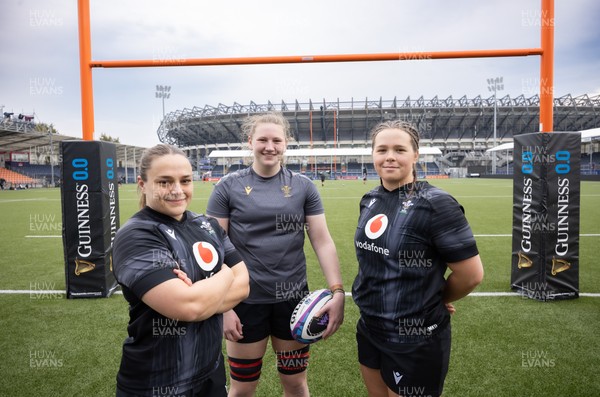 210325  Wales Women Rugby Captain’s Run - Wales’ Jenni Scoble, Alaw Pyrs and Maisie Davies who will make their first starts, during Captain’s Run at The Hive Stadium Edinburgh ahead of the opening match of the Women’s 6 Nations against Scotland