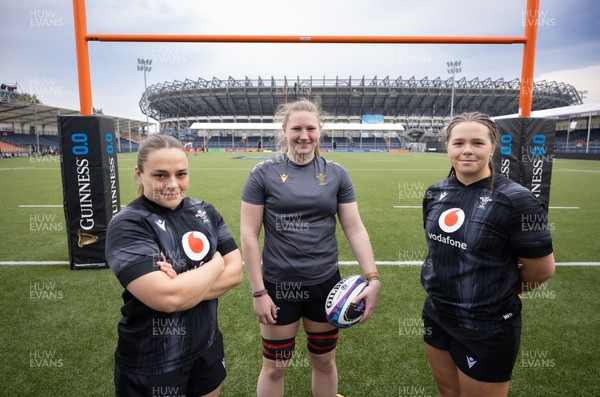 210325  Wales Women Rugby Captain’s Run - Wales’ Jenni Scoble, Alaw Pyrs and Maisie Davies who will make their first starts, during Captain’s Run at The Hive Stadium Edinburgh ahead of the opening match of the Women’s 6 Nations against Scotland