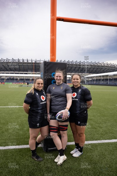 210325  Wales Women Rugby Captain’s Run - Wales’ Jenni Scoble, Alaw Pyrs and Maisie Davies who will make their first starts, during Captain’s Run at The Hive Stadium Edinburgh ahead of the opening match of the Women’s 6 Nations against Scotland