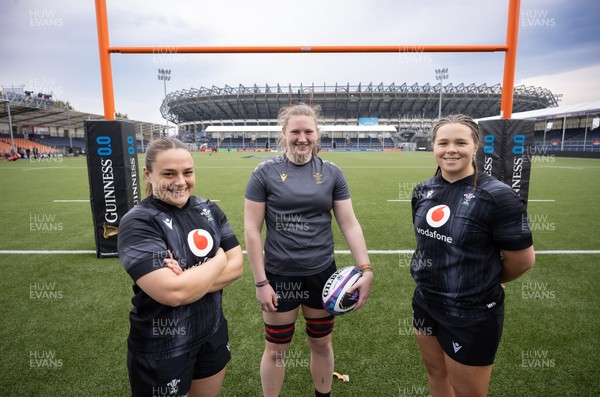 210325  Wales Women Rugby Captain’s Run - Wales’ Jenni Scoble, Alaw Pyrs and Maisie Davies who will make their first starts, during Captain’s Run at The Hive Stadium Edinburgh ahead of the opening match of the Women’s 6 Nations against Scotland