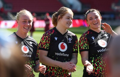 240426 - Wales Women’s Rugby Captain’s Run - Nikita Prothero, Bethan Lewis and Alisha Joyce during Captain’s Run at Ashton Gate, ahead of the Women’s 6 Nations match against England