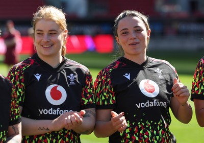 240426 - Wales Women’s Rugby Captain’s Run - Bethan Lewis and Alisha Joyce during Captain’s Run at Ashton Gate, ahead of the Women’s 6 Nations match against England