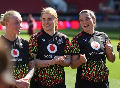 240426 - Wales Women’s Rugby Captain’s Run - Nikita Prothero, Bethan Lewis and Alisha Joyce during Captain’s Run at Ashton Gate, ahead of the Women’s 6 Nations match against England