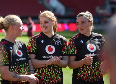 240426 - Wales Women’s Rugby Captain’s Run - Nikita Prothero, Bethan Lewis and Alisha Joyce during Captain’s Run at Ashton Gate, ahead of the Women’s 6 Nations match against England