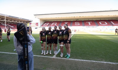 240426 - Wales Women’s Rugby Captain’s Run - Keira Bevan, Jenna De Vera, Jasmine Joyce, Alisha Joyce and Maisie Davies during Captain’s Run at Ashton Gate, ahead of the Women’s 6 Nations match against England