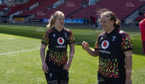 240426 - Wales Women’s Rugby Captain’s Run - Bethan Lewis and Lleucu George during Captain’s Run at Ashton Gate, ahead of the Women’s 6 Nations match against England
