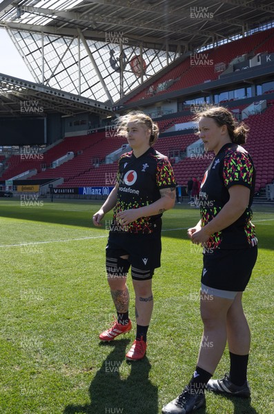240426 - Wales Women’s Rugby Captain’s Run - Bethan Lewis and Lleucu George during Captain’s Run at Ashton Gate, ahead of the Women’s 6 Nations match against England