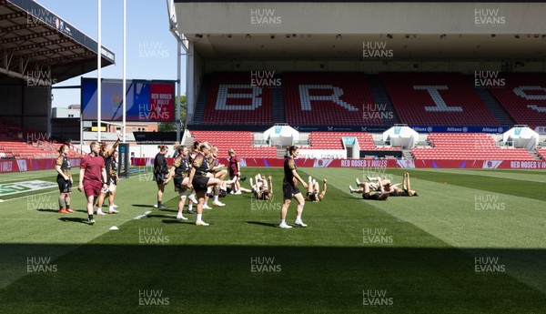 240426 - Wales Women’s Rugby Captain’s Run - Wales warm up during Captain’s Run at Ashton Gate, ahead of the Women’s 6 Nations match against England