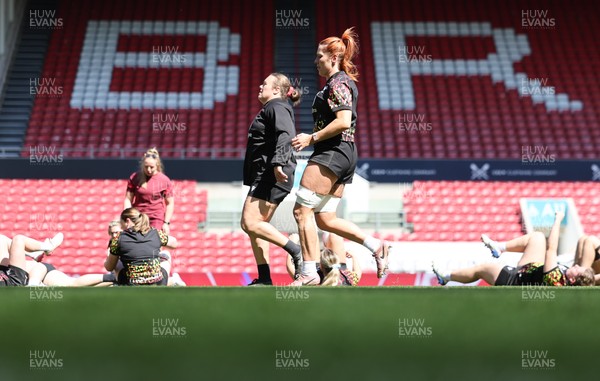 240426 - Wales Women’s Rugby Captain’s Run - Carys Phillips and Georgia Evans during Captain’s Run at Ashton Gate, ahead of the Women’s 6 Nations match against England