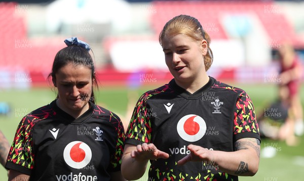 240426 - Wales Women’s Rugby Captain’s Run - Bethan Lewis with Kayleigh Powell during Captain’s Run at Ashton Gate, ahead of the Women’s 6 Nations match against England