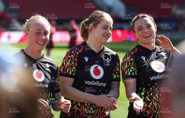 240426 - Wales Women’s Rugby Captain’s Run - Nikita Prothero, Bethan Lewis and Alisha Joyce during Captain’s Run at Ashton Gate, ahead of the Women’s 6 Nations match against England