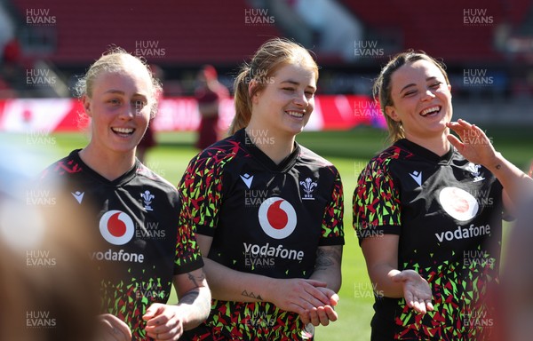 240426 - Wales Women’s Rugby Captain’s Run - Nikita Prothero, Bethan Lewis and Alisha Joyce during Captain’s Run at Ashton Gate, ahead of the Women’s 6 Nations match against England