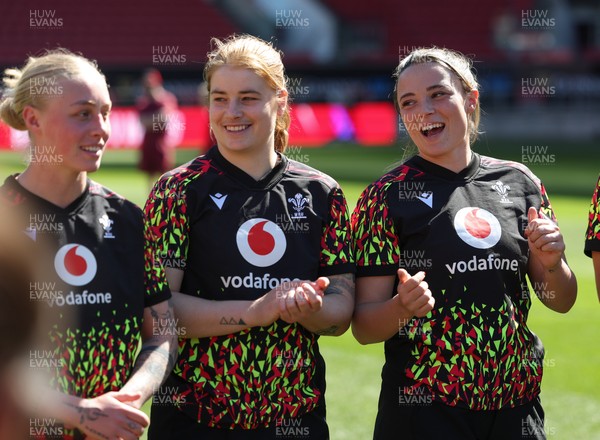 240426 - Wales Women’s Rugby Captain’s Run - Nikita Prothero, Bethan Lewis and Alisha Joyce during Captain’s Run at Ashton Gate, ahead of the Women’s 6 Nations match against England
