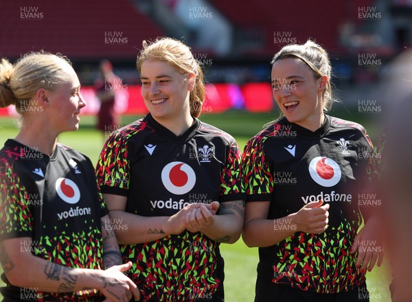 240426 - Wales Women’s Rugby Captain’s Run - Nikita Prothero, Bethan Lewis and Alisha Joyce during Captain’s Run at Ashton Gate, ahead of the Women’s 6 Nations match against England