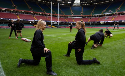 260424 - Wales Women Rugby Captain’s Run - Catherine Richards and Niamh Terry during Captain’s Run at the Principality Stadium ahead of Wales’ Guinness Women’s 6 Nations match against Italy