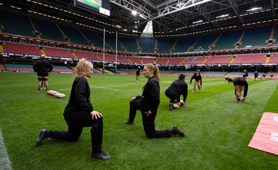 260424 - Wales Women Rugby Captain’s Run - Catherine Richards and Niamh Terry during Captain’s Run at the Principality Stadium ahead of Wales’ Guinness Women’s 6 Nations match against Italy