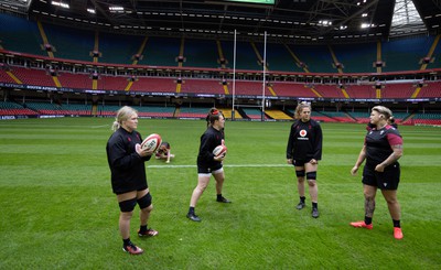 260424 - Wales Women Rugby Captain’s Run - Alex Callender, Carys Phillips, Natalia John and Donna Rose during Captain’s Run at the Principality Stadium ahead of Wales’ Guinness Women’s 6 Nations match against Italy