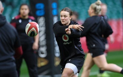 260424 - Wales Women Rugby Captain’s Run - Lleucu George during Captain’s Run at the Principality Stadium ahead of Wales’ Guinness Women’s 6 Nations match against Italy 