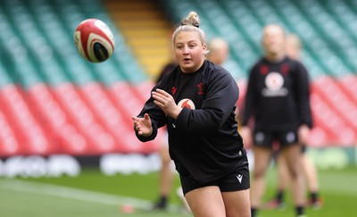 260424 - Wales Women Rugby Captain’s Run - Molly Reardon during Captain’s Run at the Principality Stadium ahead of Wales’ Guinness Women’s 6 Nations match against Italy 