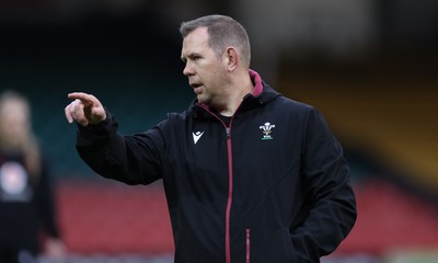 260424 - Wales Women Rugby Captain’s Run - Ioan Cunningham, Wales Women head coach, during Captain’s Run at the Principality Stadium ahead of Wales’ Guinness Women’s 6 Nations match against Italy 