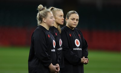 260424 - Wales Women Rugby Captain’s Run - Molly Reardon, Catherine Richards and Jenni Scoble during Captain’s Run at the Principality Stadium ahead of Wales’ Guinness Women’s 6 Nations match against Italy 