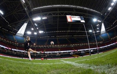 260424 - Wales Women Rugby Captain’s Run - Keira Bevan kicks during Captain’s Run at the Principality Stadium ahead of Wales’ Guinness Women’s 6 Nations match against Italy 