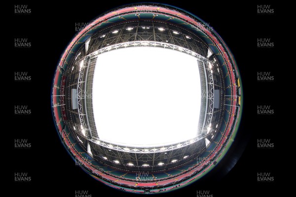 260424 - Wales Women Rugby Captain’s Run - A fisheye lens view from the centre of the pitch during Captain’s Run at the Principality Stadium ahead of Wales’ Guinness Women’s 6 Nations match against Italy
