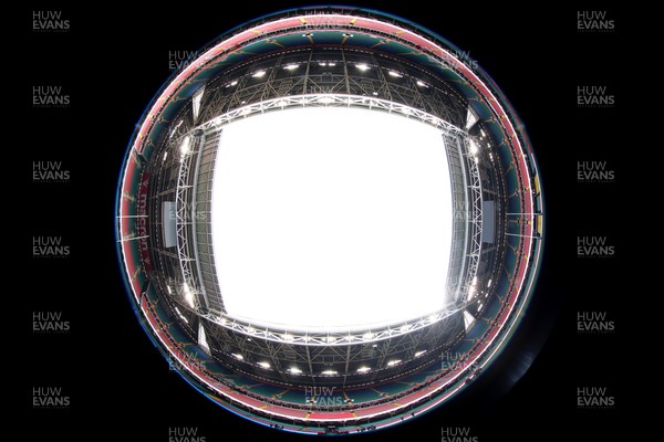 260424 - Wales Women Rugby Captain’s Run - A fisheye lens view from the centre of the pitch during Captain’s Run at the Principality Stadium ahead of Wales’ Guinness Women’s 6 Nations match against Italy