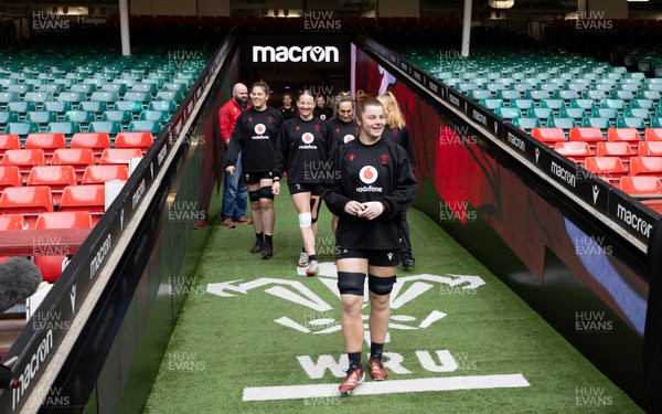 260424 - Wales Women Rugby Captain’s Run - Kate Williams walks out during Captain’s Run at the Principality Stadium ahead of Wales’ Guinness Women’s 6 Nations match against Italy