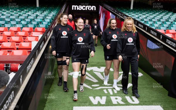 260424 - Wales Women Rugby Captain’s Run - Natalia John, Carys Cox, Courtney Keight and Catherine Richards walk out during Captain’s Run at the Principality Stadium ahead of Wales’ Guinness Women’s 6 Nations match against Italy