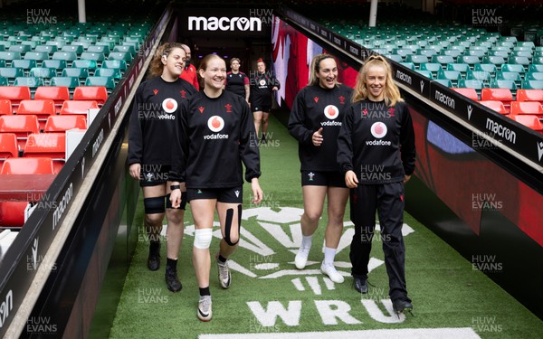 260424 - Wales Women Rugby Captain’s Run - Natalia John, Carys Cox, Courtney Keight and Catherine Richards walk out during Captain’s Run at the Principality Stadium ahead of Wales’ Guinness Women’s 6 Nations match against Italy