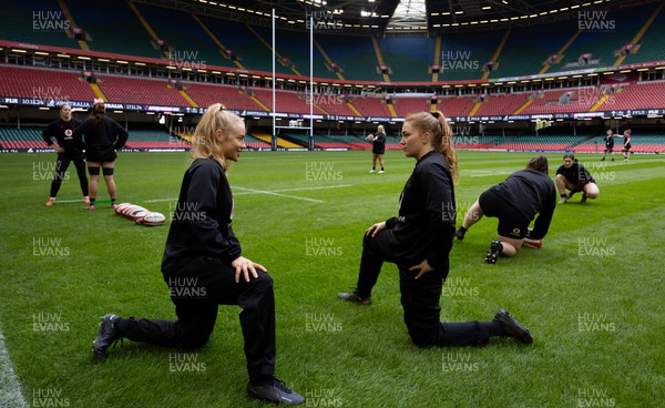 260424 - Wales Women Rugby Captain’s Run - Catherine Richards and Niamh Terry during Captain’s Run at the Principality Stadium ahead of Wales’ Guinness Women’s 6 Nations match against Italy