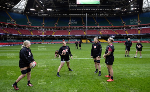 260424 - Wales Women Rugby Captain’s Run - Alex Callender, Carys Phillips, Natalia John and Donna Rose during Captain’s Run at the Principality Stadium ahead of Wales’ Guinness Women’s 6 Nations match against Italy