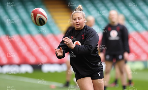 260424 - Wales Women Rugby Captain’s Run - Molly Reardon during Captain’s Run at the Principality Stadium ahead of Wales’ Guinness Women’s 6 Nations match against Italy 