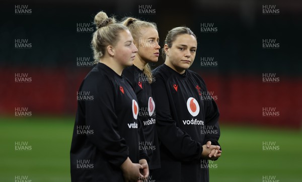 260424 - Wales Women Rugby Captain’s Run - Molly Reardon, Catherine Richards and Jenni Scoble during Captain’s Run at the Principality Stadium ahead of Wales’ Guinness Women’s 6 Nations match against Italy 