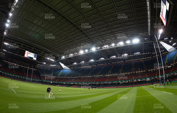 260424 - Wales Women Rugby Captain’s Run - Keira Bevan kicks during Captain’s Run at the Principality Stadium ahead of Wales’ Guinness Women’s 6 Nations match against Italy 