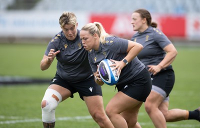 260425 - Wales Women Captains Run - Kelsey Jones and Donna Rose during Captains Run ahead of Wales’ final Guinness Women’s Six Nations match against Italy