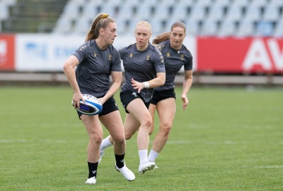 260425 - Wales Women Captains Run - Hannah Jones, Catherine Richards and Lisa Neumann during Captains Run ahead of Wales’ final Guinness Women’s Six Nations match against Italy