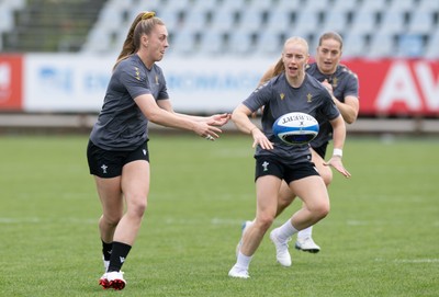 260425 - Wales Women Captains Run - Hannah Jones, Catherine Richards and Lisa Neumann during Captains Run ahead of Wales’ final Guinness Women’s Six Nations match against Italy